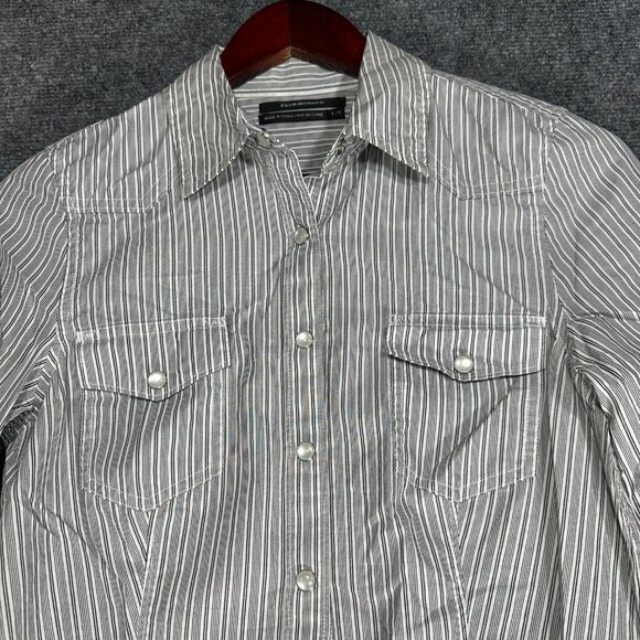 Club Monaco Top Womens Small Gray Cotton Stripe Long Sleeve Pearl Snap Up Pocket - Picture 5 of 9